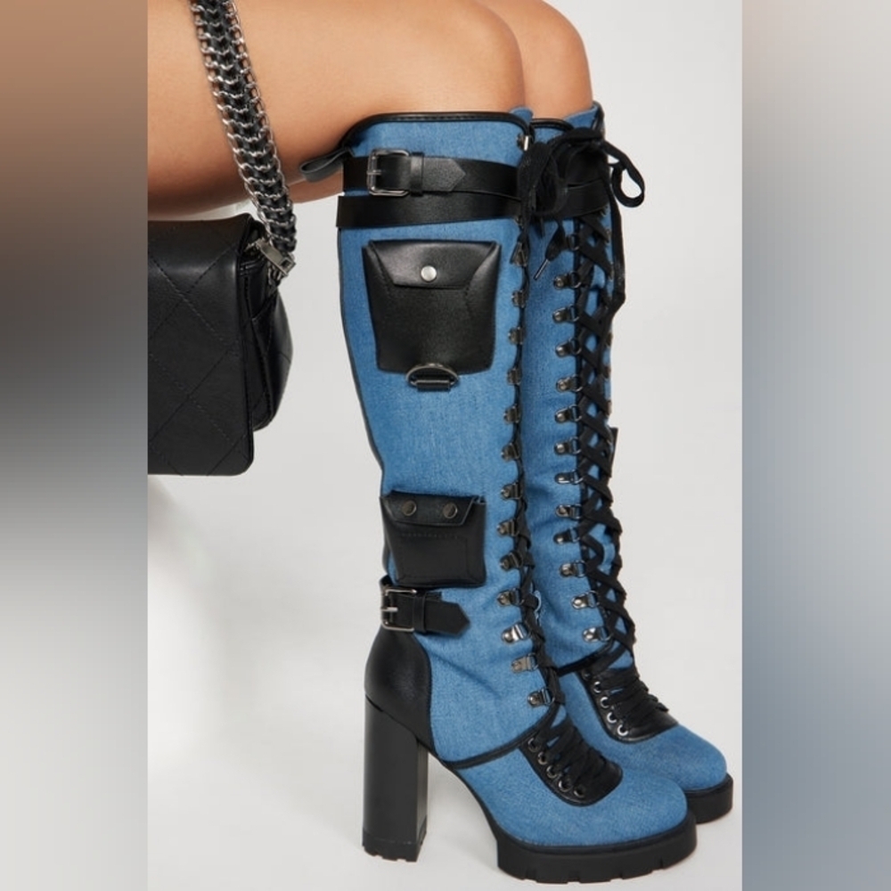 LAMODA "The Dark Side Of The Clouds" Denim and Black Lace-Up Pocket Boots
